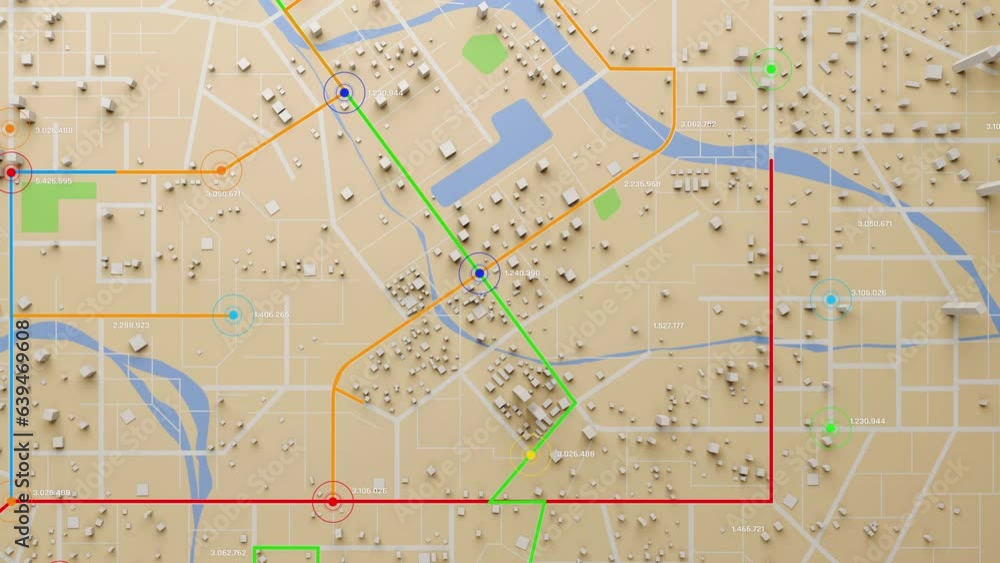 Poster 3d rendering navigate cityscapes 3d top-view map with route and destination. 3d city map, top view, 