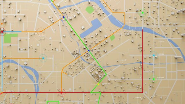 3D Rendering Navigate cityscapes 3D top-view map with route and destination. 3D city map, top view, navigator route, GPS destination