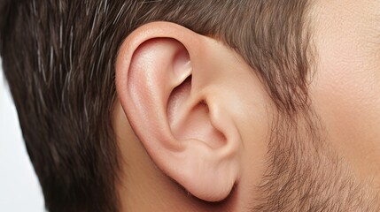 Very clean perfect ear is clearly visible, for doctor clinic advertisement. Side view, close up photo.