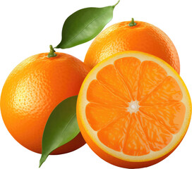 Fresh organic oranges, isolated on transparent background.