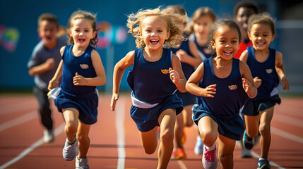 Diverse group of children filled with joy and energy running on athletic track, children healthy...