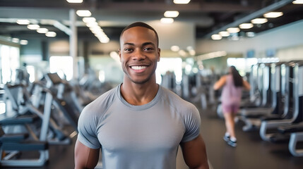 Portrait of handsome young man in a gym ready for his workout, Happy smiling attractive man Fitness Trainer Standing In Modern Sport Club Interior
