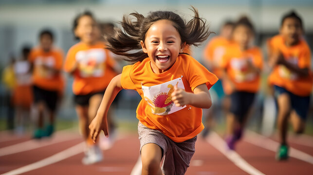 Diverse group of children filled with joy and energy running on athletic track, children healthy active lifestyle concept