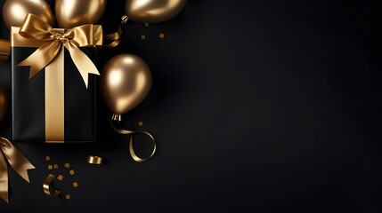 Black Gift Box with Gold Ribbon on Isolated Background