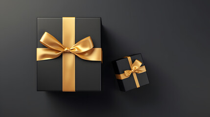 Black Gift Box with Gold Ribbon on Isolated Background