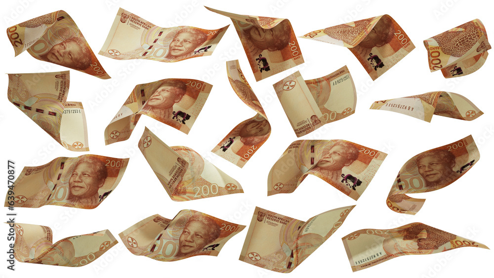 Aufkleber 3D rendering of 2023 South African rand notes flying in different angles and orientations isolated on transparent background