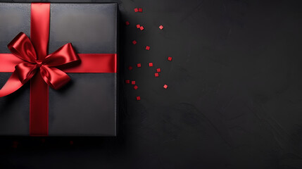 Black Gift Box with Red Ribbon on Dark Background