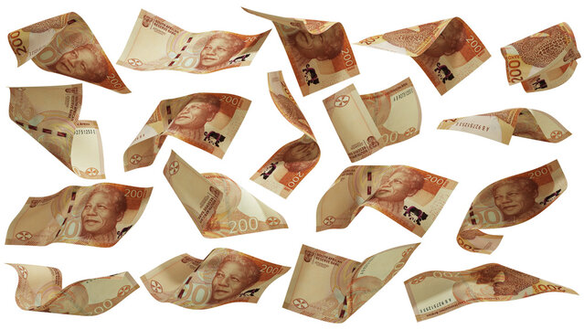 3D rendering of 2023 South African rand notes flying in different angles and orientations isolated on transparent background