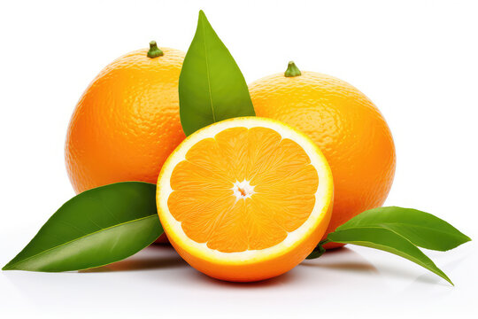 3d illustration of orange with cut in half and green leaves isolated on white background. (ai generated)