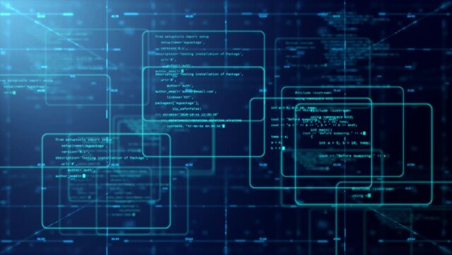3D Rendering Program code text in the frame. Coding programming technology concept. With grid and particle background Futuristic cyber and technology concepts