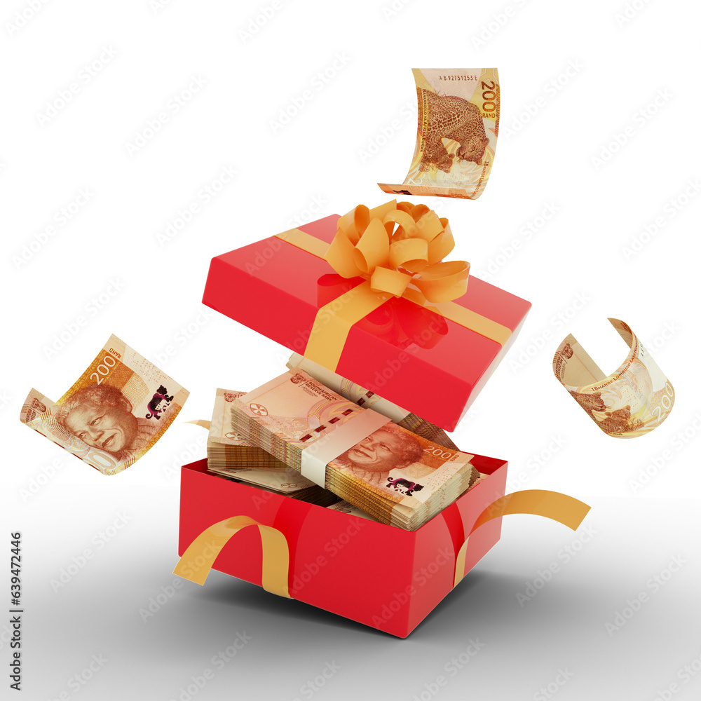 Poster 3d rendering a red gift box with south africa rand notes inside the box and some flying on isolated 