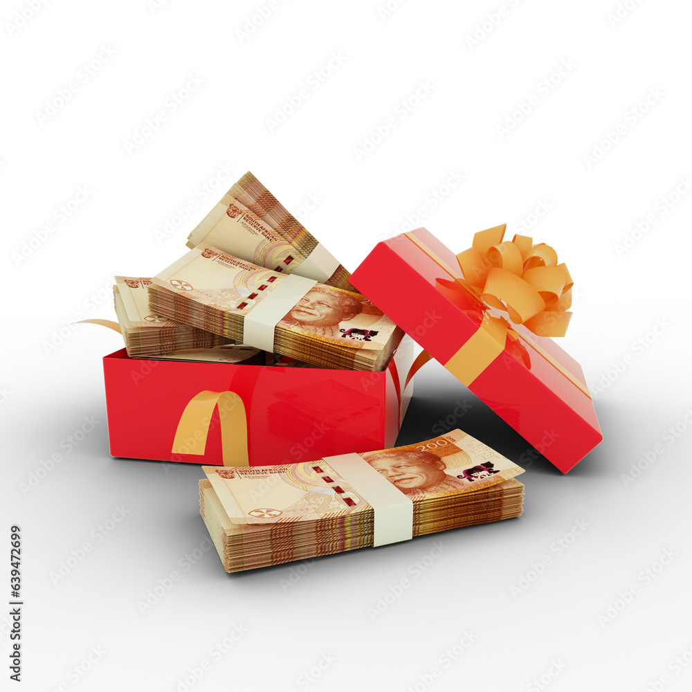 Poster 3d rendering stack of south africa rand notes in a red gift box on isolated white background