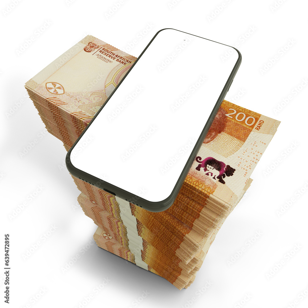 Poster 3d rendering of a mobile phone with blank screen on top of stacks of south african rand notes isolat
