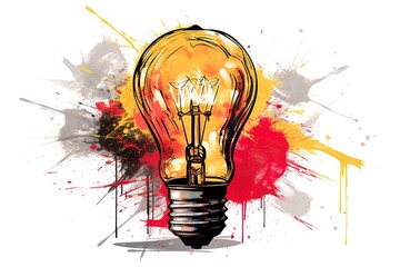 Illustration of a lightbulb on a colourful grunge background. Created with generative AI technology.