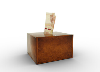 South Africa Rand notes inside an open wooden savings box. Generic Bank, Penny Bank, Money box