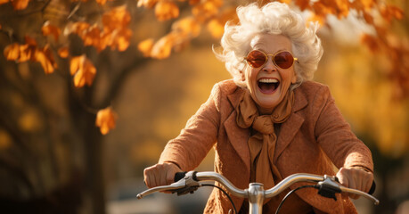 Riding in Autumn Splendor: A Senior Woman Enjoying a Bicycle Journey