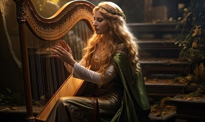 With a celestial aura, the female elf delicately plays the harp, captivating all who listen with her ethereal music. - obrazy, fototapety, plakaty
