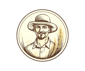 Cheerful farmer in a hat with a mustache on wheat. Vector illustration design.