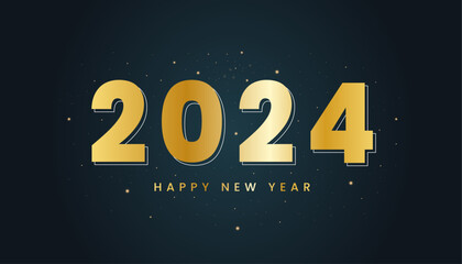 Happy new year 2024 with shiny gold numbers. Shiny gold 2024 new year greetings on black background.