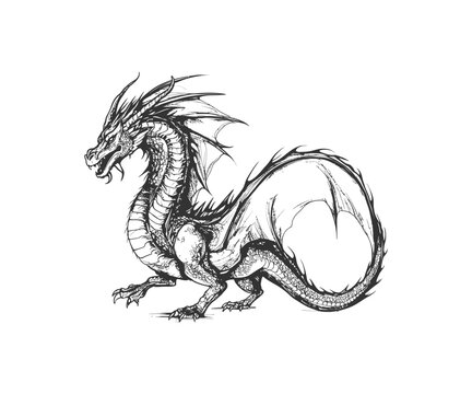 Fantasy dragon hand drawn sketch Side view. Vector illustration design.
