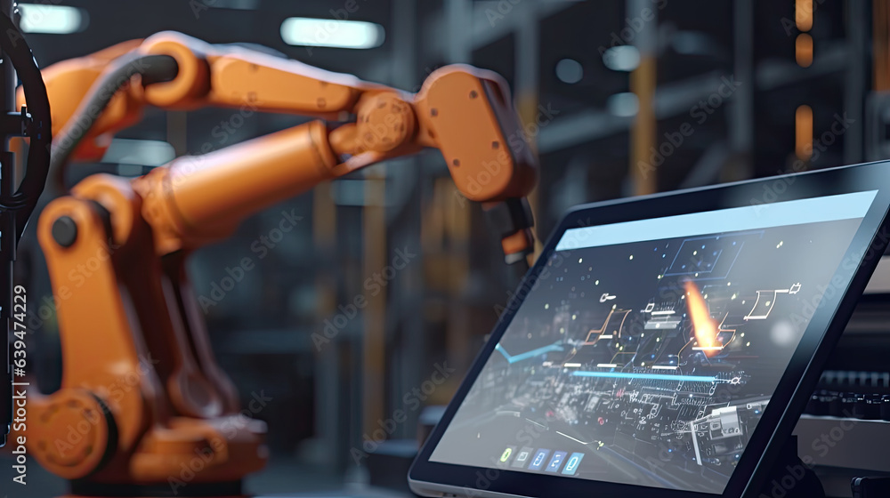 Poster industry 4.0 concept .man hand holding tablet with augmented reality screen software and blue tone o