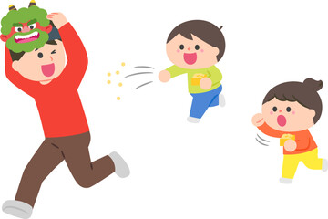 節分　豆まきをする子どもたちと逃げる鬼役のお父さん.
