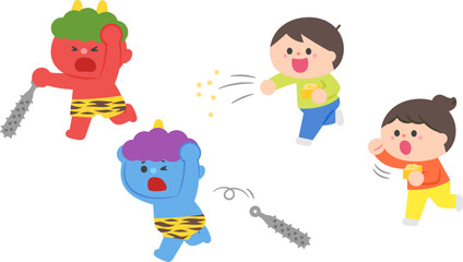 節分　豆を投げる子供と逃げる鬼達