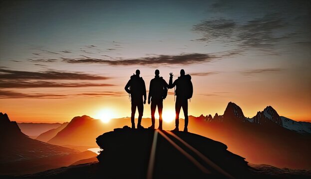 photo Silhouette of business in suit team male stand and feel happy on the most hight at the mountain. background sunset