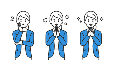 悩み･よろこび･期待のポーズをするビジネスパーソン女性のセット【人物ベクターイラスト素材】