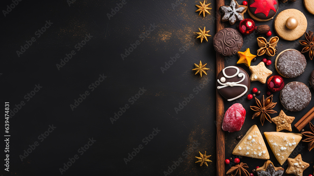 Aufkleber chocolate cookies and pralines for christmas and advent on a dark slate plate with large copy space.