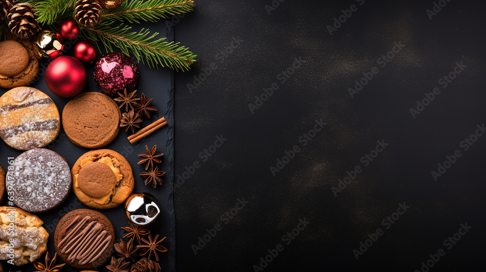 Aufkleber chocolate cookies and pralines for christmas and advent on a dark slate plate with large copy space.