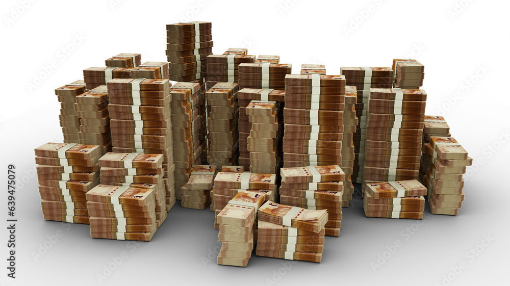 Poster stack of south african rand notes. 3d rendering of bundles of money isolated on white background