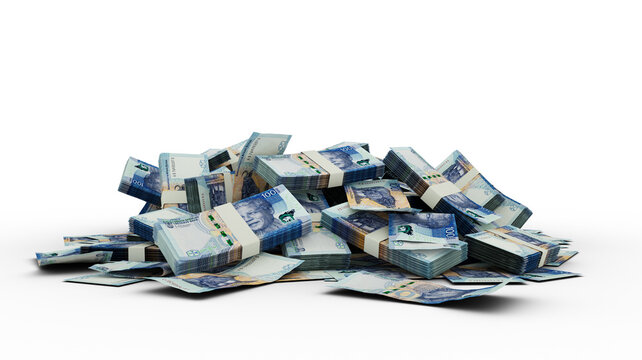 3D Stack of 100 South African Rand notes
