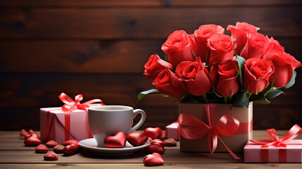 Valentine's day background with coffee cup, heart shape chocolate, candles and gift boxes.. Generative Ai