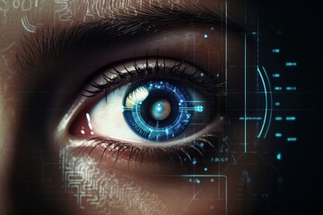 Obraz premium Futuristic of Iris Recognition and Retina Scanning System With Digital Interface, Biometric Identification and Data Security Verification. Generative Ai