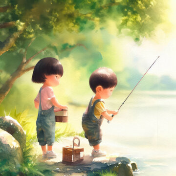 Watercolor illustration of a young boy and girl fishing on a beautiful summer day 