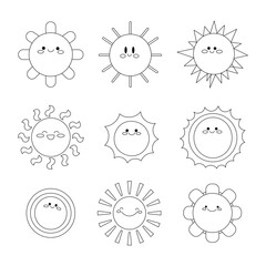 Sun smile character. Coloring Page. Happy face cartoon. Vector drawing. Collection of design elements.