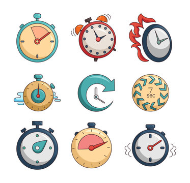 Timer time countdown. Stopwatch watch device. Vector drawing. Collection of design elements.