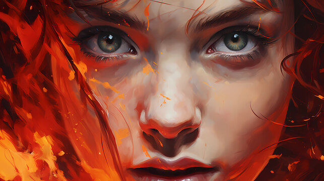 Beautiful girl face with glowing fire portrait, phenix woman painting