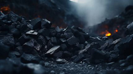 Heap of coal in coal factory ground with smoke and dust in background
