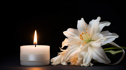 Obraz na płótnie Canvas Condolence card with white burning candle and flower