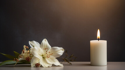 Obraz na płótnie Canvas Condolence card with white burning candle and flower