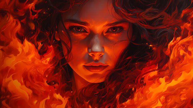 Beautiful girl face with glowing fire portrait, phenix woman painting