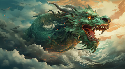 Angry green dragon with open mouth in sky, flying aggressive mythical animal reptile