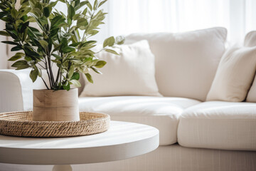 Close up of a sofa, coffee table and plants in a minimalistic living room staging - Powered by Adobe