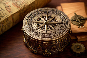 Fototapeta na wymiar Discover Lost Treasures: Antique Compass Collection on Vintage Wooden Treasure Box - Created with Generative AI Tools