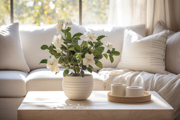 Close up of a sofa, coffee table and plants in a minimalistic living room staging