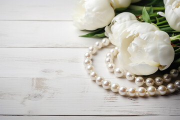 Elegant White Peony Flowers Adorned with Pearl Jewelry on a White Wooden Background - Created with Generative AI Tools