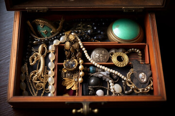Exquisite Collection of Vintage Jewelry in Antique Wooden Box - Created with Generative AI Tools