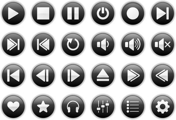Media Player icon button. symbols and audio, music speaker volume on circle.
